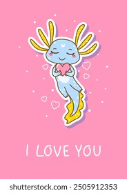 Cute cartoon axolotl sticker on pink background - funny animal for Your happy greeting card design