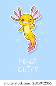 Cute cartoon axolotl sticker on blue background - funny animal for Your happy greeting card design