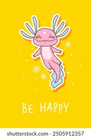 Cute cartoon axolotl sticker on yellow background - funny animal for Your happy greeting card design