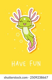 Cute cartoon axolotl sticker on yellow background - funny animal for Your happy greeting card design