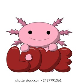 Cute cartoon Axolotl with word Love in color