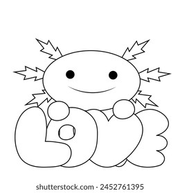 Cute cartoon Axolotl with word Love in black and white