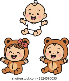 Cute cartoon babies vector illustration sitting wearing bear costumes