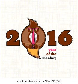 Cute cartoon baboon, illustration for calendar, greeting card, banner. Symbol of Chinese horoscope in 2016. Flat vector design.