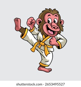 Cute cartoon Baboon in a karate uniform performs a high kick martial arts character illustration