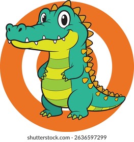 Cute cartoon baby alligator. Friendly teal and yellow gator character standing in an orange and white circular badge. Adorable children's illustration style
