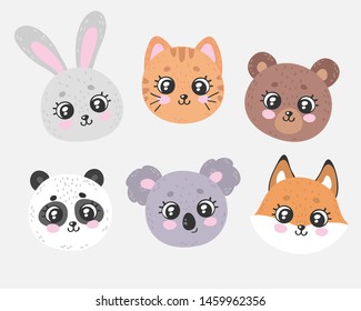 Cute cartoon baby animals faces. 