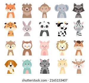 Cute cartoon baby animals for kids decoration, card or bedroom design. Smiling childish wild animals set. Panda, lion, dog, tiger and raccoon icons. Vector illustration