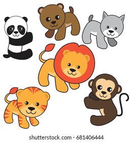 cute cartoon baby animals set including bear, lion, monkey, tiger, cat and panda