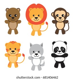 cute cartoon baby animals set including bear, lion, monkey, tiger, cat and panda