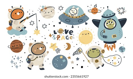 Cute cartoon baby animals in space illustration isolated white background. Space adventure baby animals. Collection of childish bear, rabbit, fox, frog astronauts on rocket, planets and stars