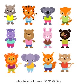 Cute cartoon baby animals vector set. Collection of color animals koala and lion, elephant and tiger, bear and fox, hippo and rabbit illustration