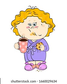 Cute cartoon baby in a bathrobe with a cup of hot cocoa and cookies. Beautiful illustration with kids for your design.