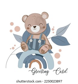 Cute cartoon baby bear animal hand drawn watercolor illustrationon a on cloud