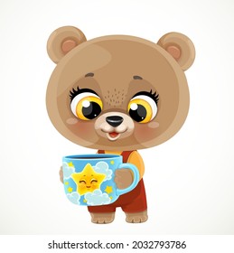 Cute cartoon baby bear with a blue cup with cartoon star isolated on white background