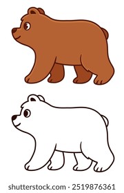 Cute cartoon baby bear drawing. Brown bear walking in profile view. Color drawing and black and while line art for coloring. Vector clip art illustration.