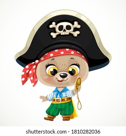 Cute cartoon baby bear dressed in pirate costume with a gold doubloon isolated on a white background