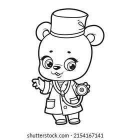 Cute Cartoon Baby Bear Dressed As A Doctor With A Phonendoscope Outlined For Coloring Page On White Background