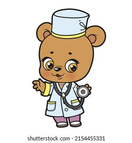 Cute Cartoon Baby Bear Dressed As A Doctor With A Phonendoscope Color Variation For Coloring Page On White Background