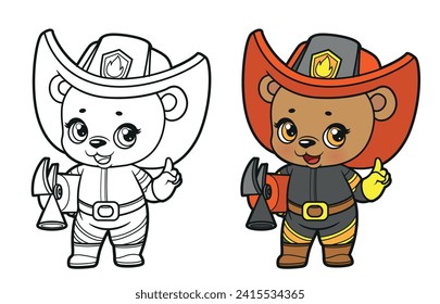 Cute cartoon baby bear dressed as a firefighter with a fire extinguisher in its paws color and outlined for coloring page on white background 