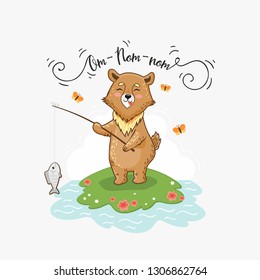 Cute cartoon baby bear fishing among butterflies. Forest animal character.  Spring time card template design.