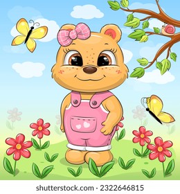 Cute cartoon baby bear girl in nature. Vector illustration of an animal with red flowers, yellow butterflies, tree, green grass, blue sky and white clouds.