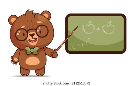 Cute cartoon baby bear in glasses standing and pointing to blackboard. Back to school element for print, postcard and poster. Vector illustration