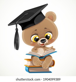 Cute cartoon baby bear in graduate hat sitting on a stack of books and reading isolated on white background