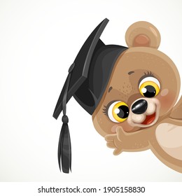 Cute cartoon baby bear in graduate hat waving hand isolated on white background