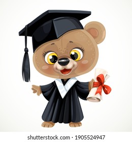 Cute cartoon baby bear in graduate hat holding a diploma tied with ribbon isolated on white background