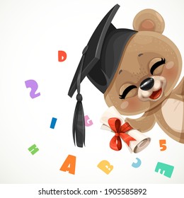 Cute cartoon baby bear in graduate hat waving hand with diploma isolated on white background