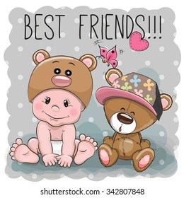 Cute Cartoon Baby in a Bear hat and Teddy Bear