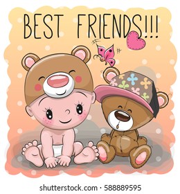 Cute Cartoon Baby in a Bear hat and Teddy Bear