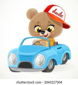 Cute cartoon baby bear rides a blue little toy car for children isolated on white background