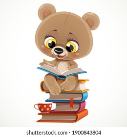 Cute cartoon baby bear sitting on a stack of books and reading isolated on white background