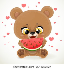 Cute cartoon baby bear sitting on the floor and eating watermelon isolated on white background