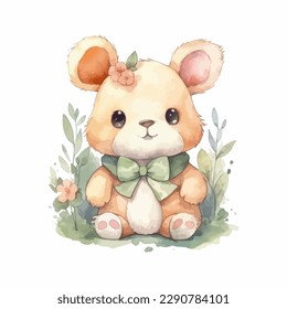 Cute cartoon baby bear watercolor illustration