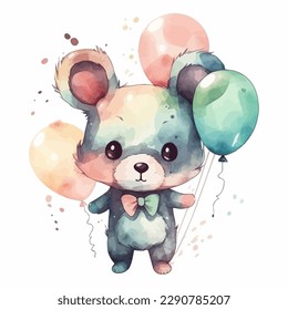 Cute cartoon baby bear watercolor illustration