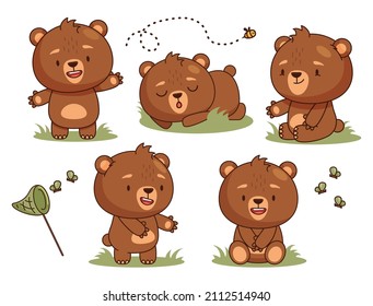 Cute cartoon baby bears set standing, smiling, sitting. Element for print, postcard and poster. Vector illustration