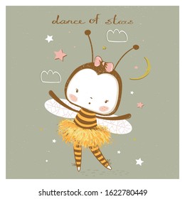 Cute cartoon baby bee ballerina. hand drawn vector illustration. Can be used for baby t-shirt print, fashion print design, kids wear, baby shower celebration greeting and invitation card.