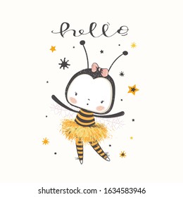 Cute cartoon baby bee ballerina. hand drawn vector illustration. Can be used for baby t-shirt print, fashion print design, kids wear, baby shower celebration greeting and invitation card.