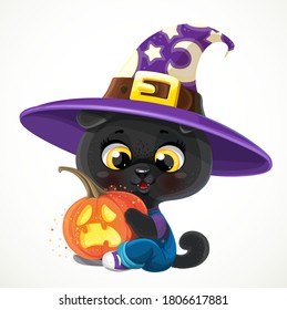 Caricatura tierno bebé gato negro con calabaza de Halloween aislada en un fondo blanco