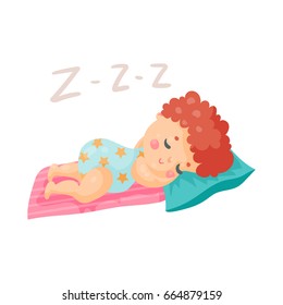 Cute cartoon baby in a blue bodysuit sleeping in his bed colorful character vector Illustration