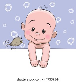 Cute cartoon baby boy and a bird on a blue background