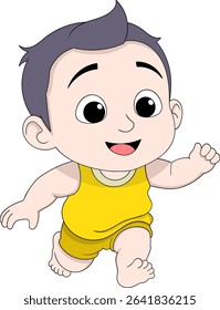 Cute cartoon baby boy with black hair running joyfully while wearing a yellow outfit
