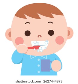 A cute cartoon baby boy in blue pajamas brushing his teeth with a red toothbrush and holding a cup.