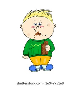 Cute cartoon baby boy eats chocolate. Beautiful illustration with children for your design.