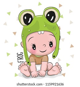 Cute Cartoon Baby boy in a frog hat on a white background