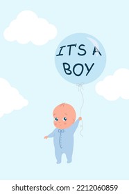 Cute cartoon baby boy holding ''it's a boy'' balloon on blue background with skies. Colorful vector illustration for baby boy poster, birthday party invitation, baby shower, congratulation card design