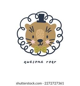 Cute cartoon baby boy lion face print with text awesome roar. Vector safari print for wall decor in children's bedroom.